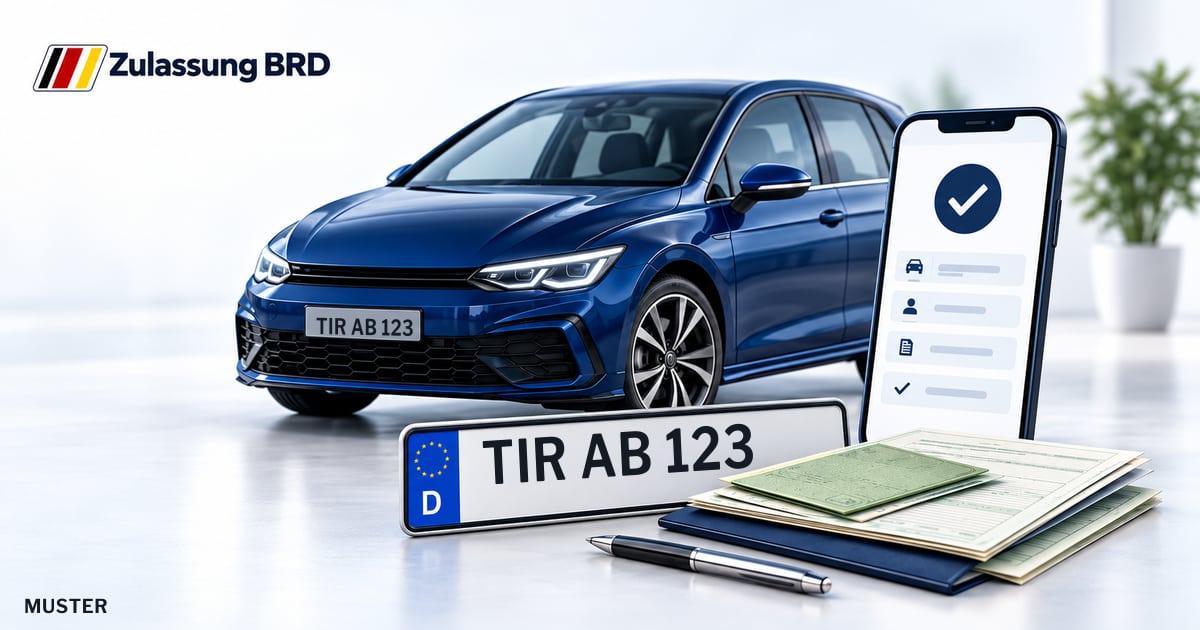 Online Fahrzeugzulassung in Tirschenreuth: Musterkennzeichen TIR AB 123, Auto und Fahrzeugpapiere und Smartphone. Illustration mit Logo von Zulassung BRD.